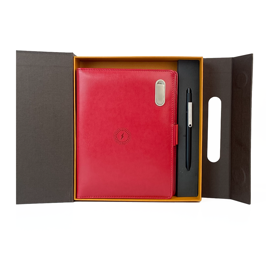 Next Gen - Smart Wireless Charging 8000 mAh Powerbank Notebook with 16 GB Pendrive - (Free Name Personalisation) - Red