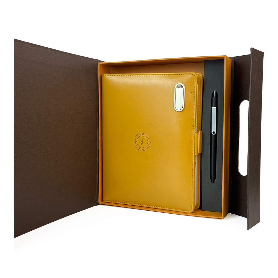 Next Gen - Smart Wireless Charging 8000 mAh Powerbank Notebook with 16 GB Pendrive - (Free Name Personalisation) - Mustard Yellow