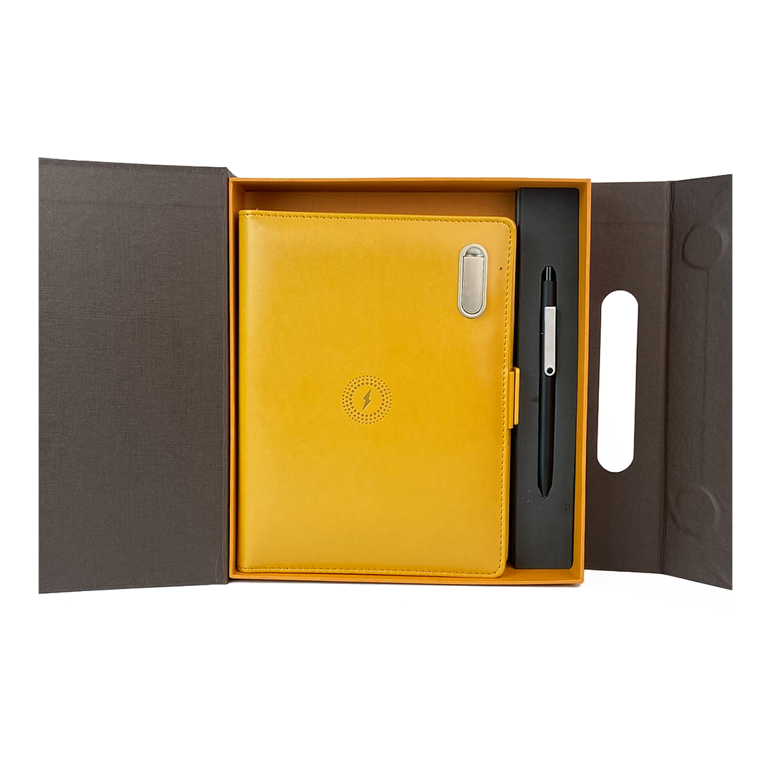 Next Gen - Smart Wireless Charging 8000 mAh Powerbank Notebook with 16 GB Pendrive - (Free Name Personalisation) - Mustard Yellow