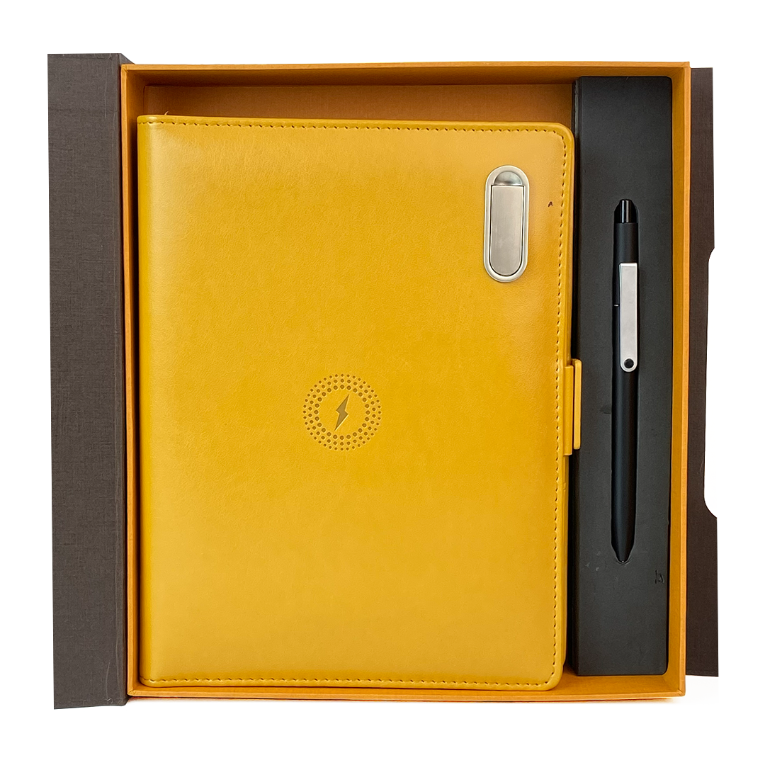 Next Gen - Smart Wireless Charging 8000 mAh Powerbank Notebook with 16 GB Pendrive - (Free Name Personalisation) - Mustard Yellow
