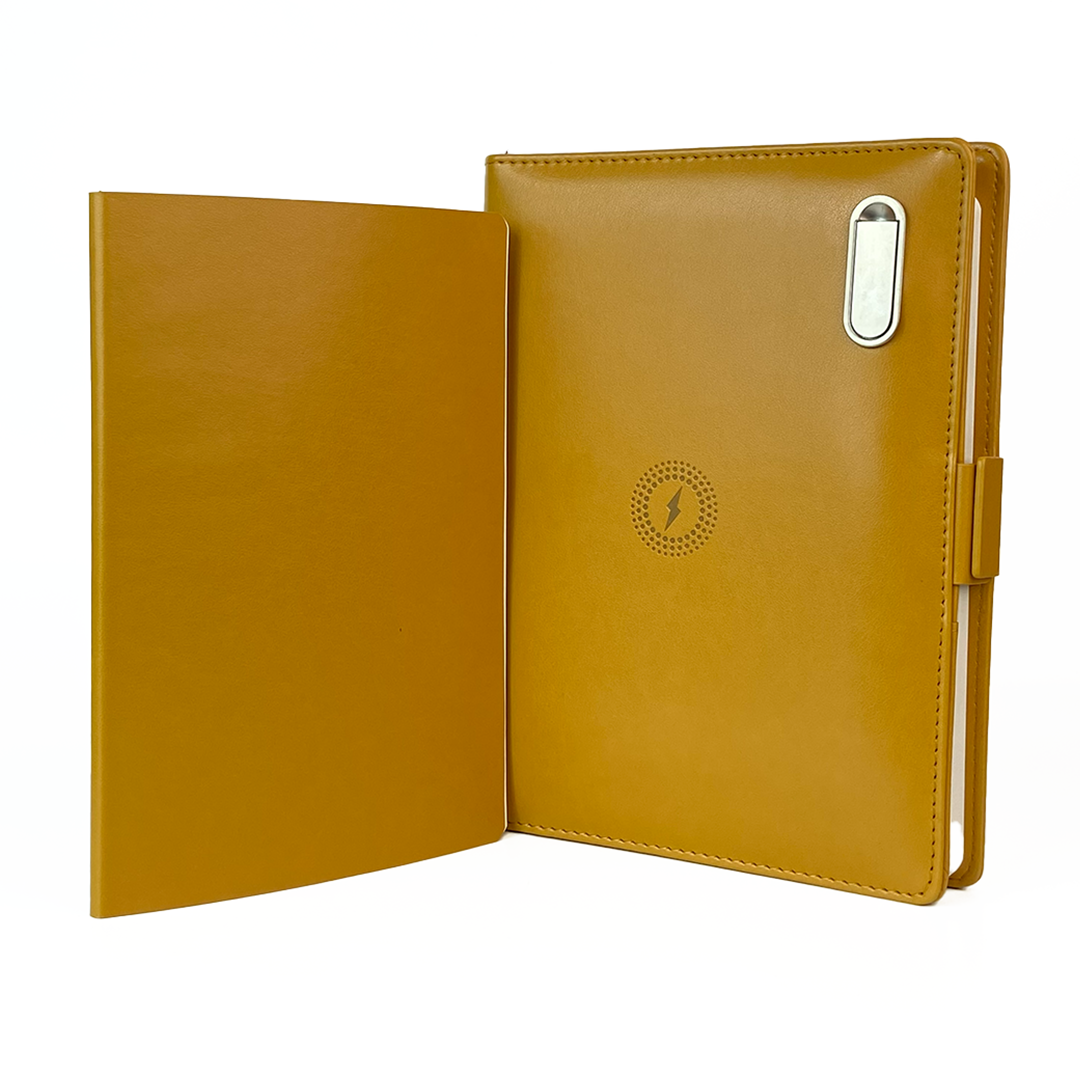 Next Gen - Smart Wireless Charging 8000 mAh Powerbank Notebook with 16 GB Pendrive - (Free Name Personalisation) - Mustard Yellow