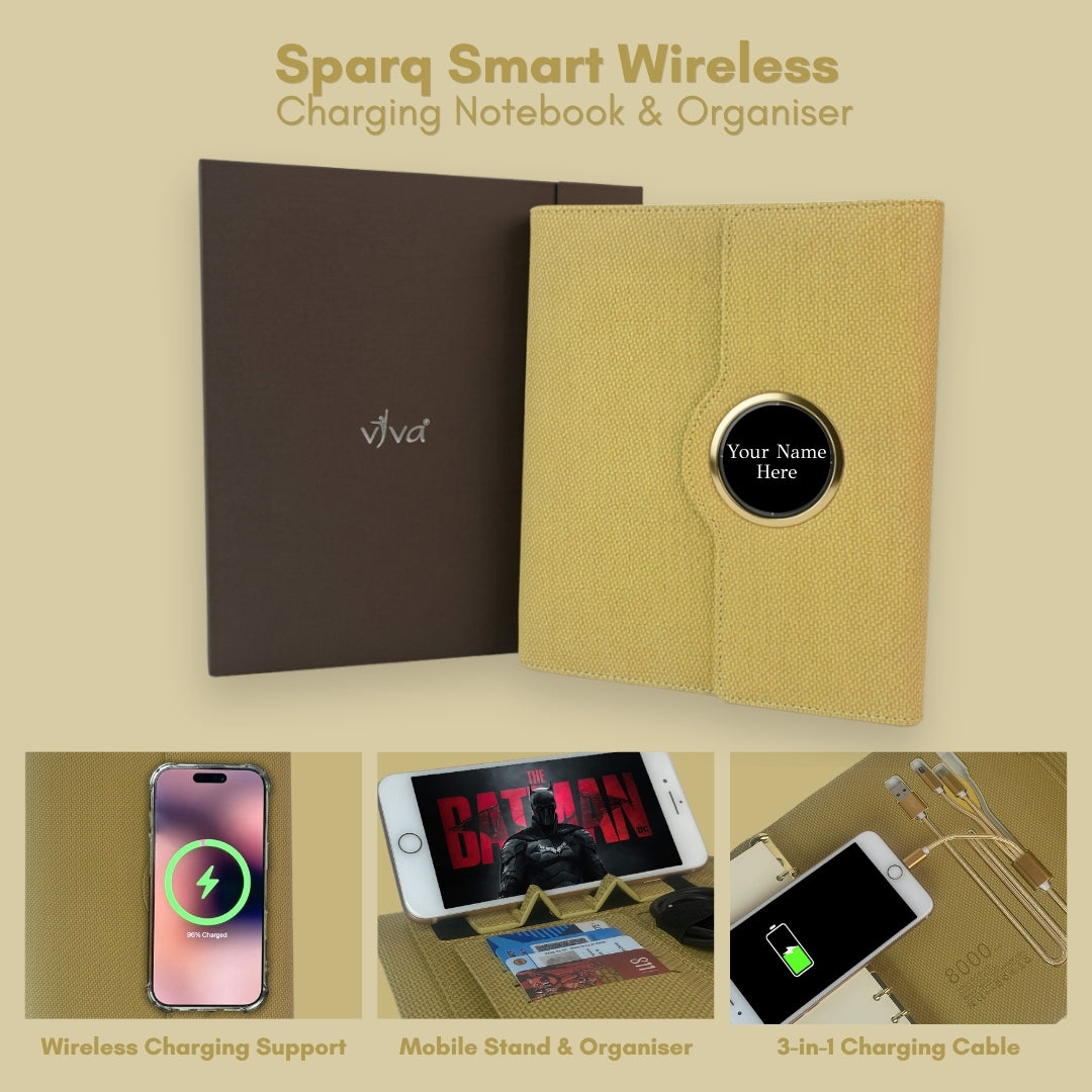 Sparq Smart Wireless Charging 8000 mAh Powerbank Notebook (Free Name Personalisation) - Beige