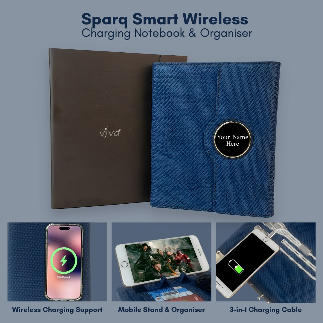 Sparq Smart Wireless Charging 8000 mAh Powerbank Notebook (Free Name Personalisation) - Navy Blue