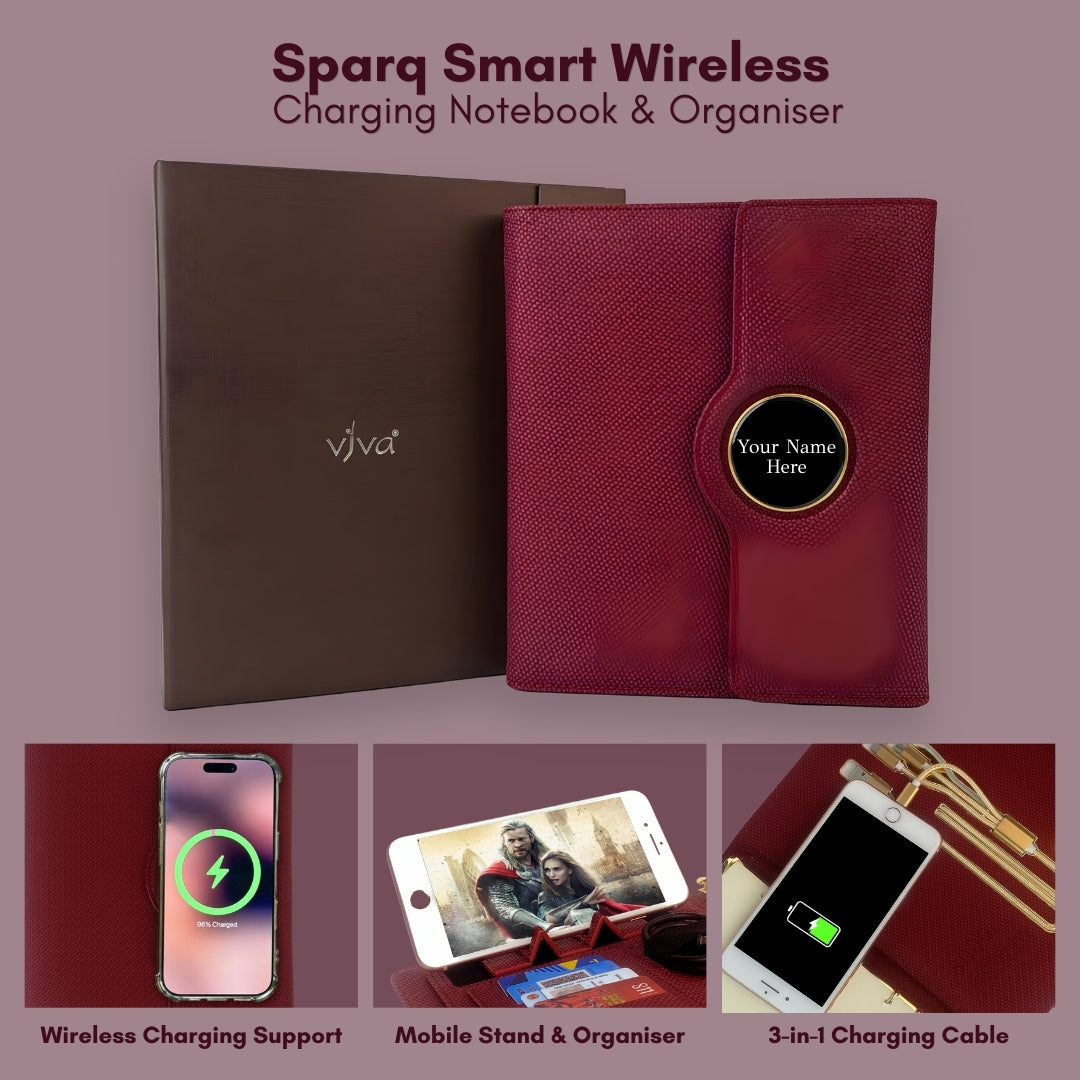 Sparq Smart Wireless Charging 8000 mAh Powerbank Notebook (Free Name Personalisation) - Burgundy