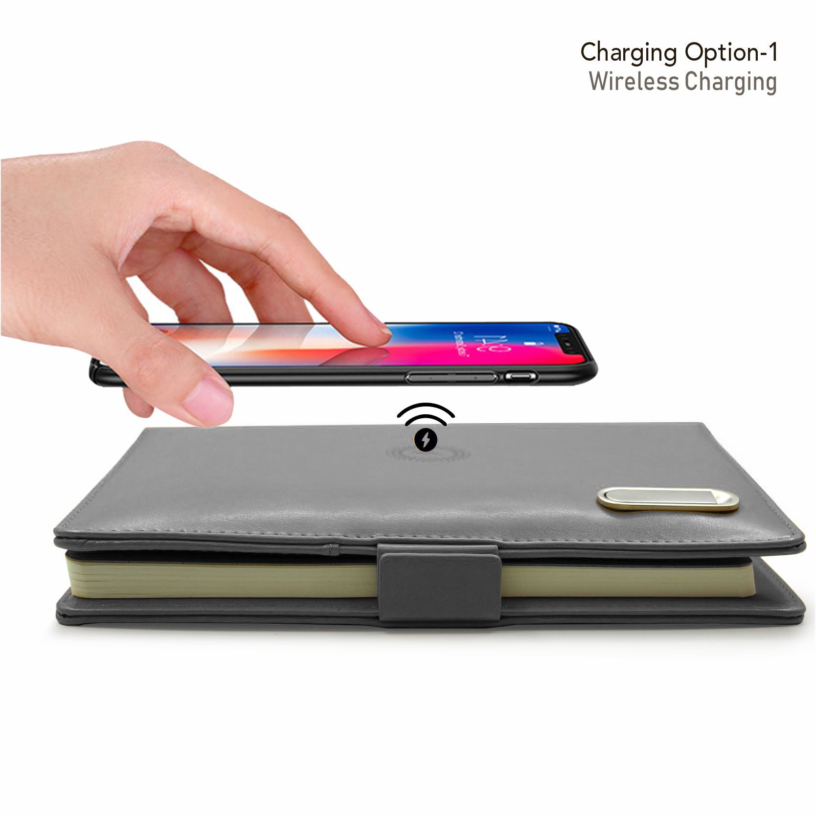 Next Gen - Smart Wireless Charging 8000 mAh Powerbank Notebook with 16 GB Pendrive - (Free Name Personalisation) - Grey
