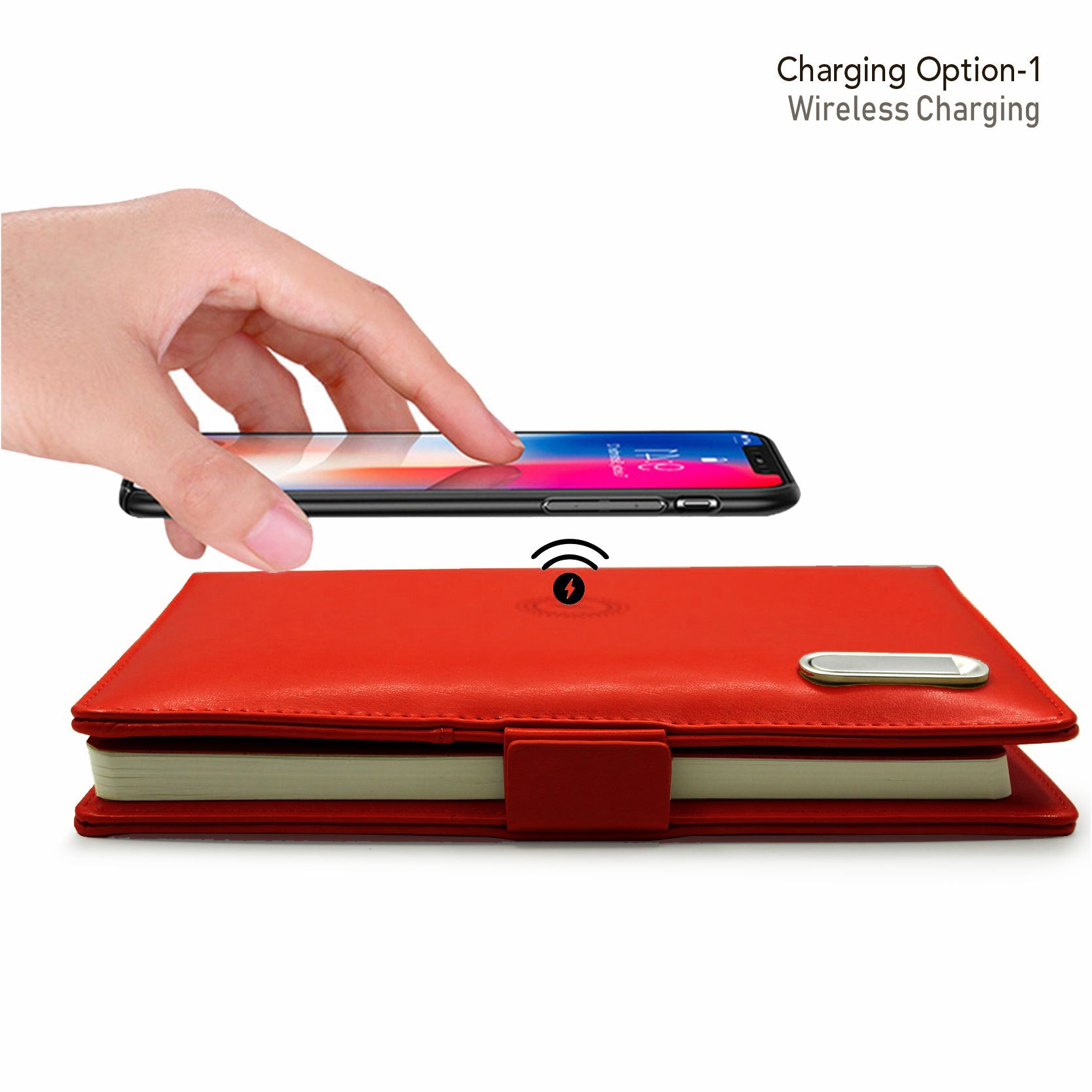 Next Gen - Smart Wireless Charging 8000 mAh Powerbank Notebook with 16 GB Pendrive - (Free Name Personalisation) - Red