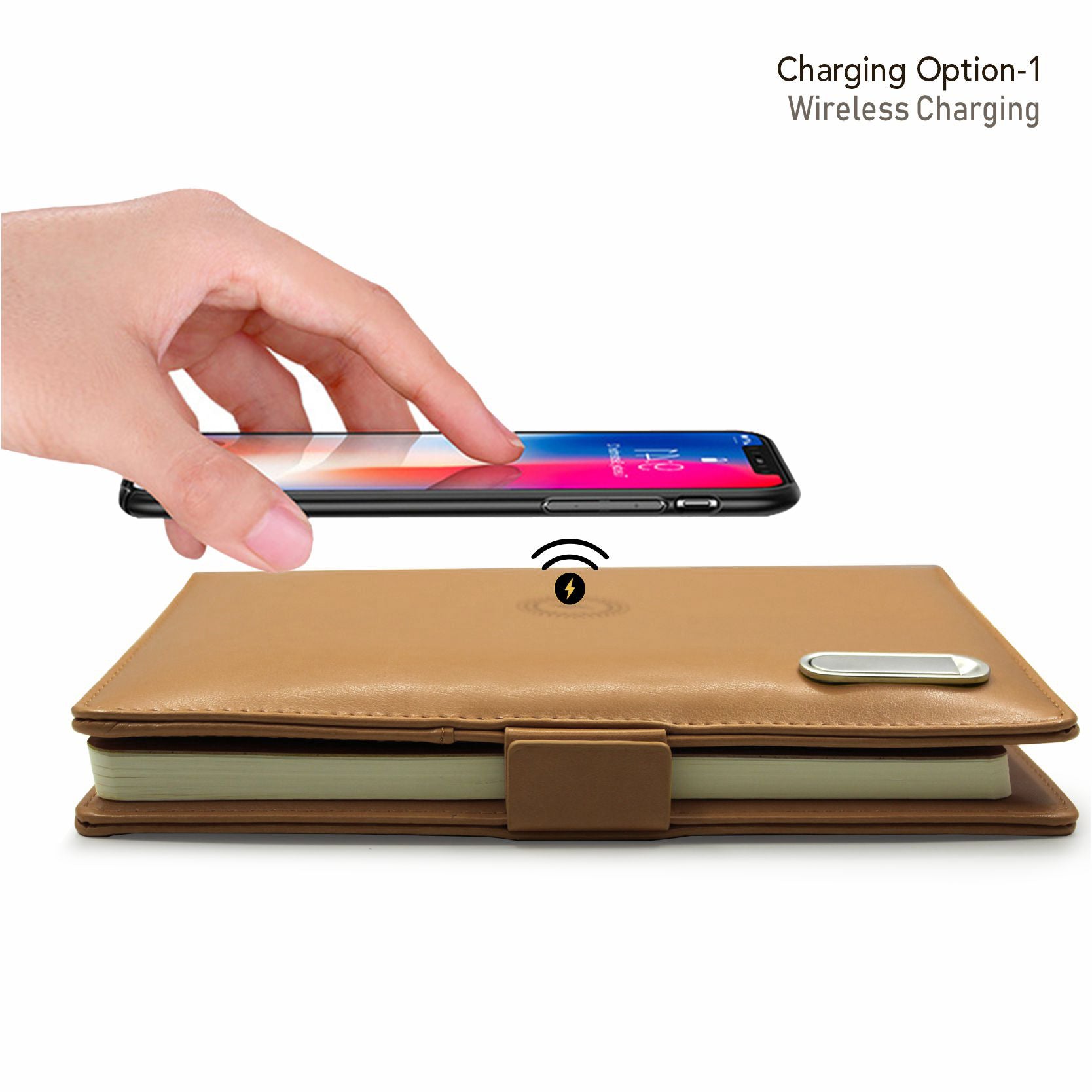 Next Gen - Smart Wireless Charging 8000 mAh Powerbank Notebook with 16 GB Pendrive - (Free Name Personalisation) - Tan