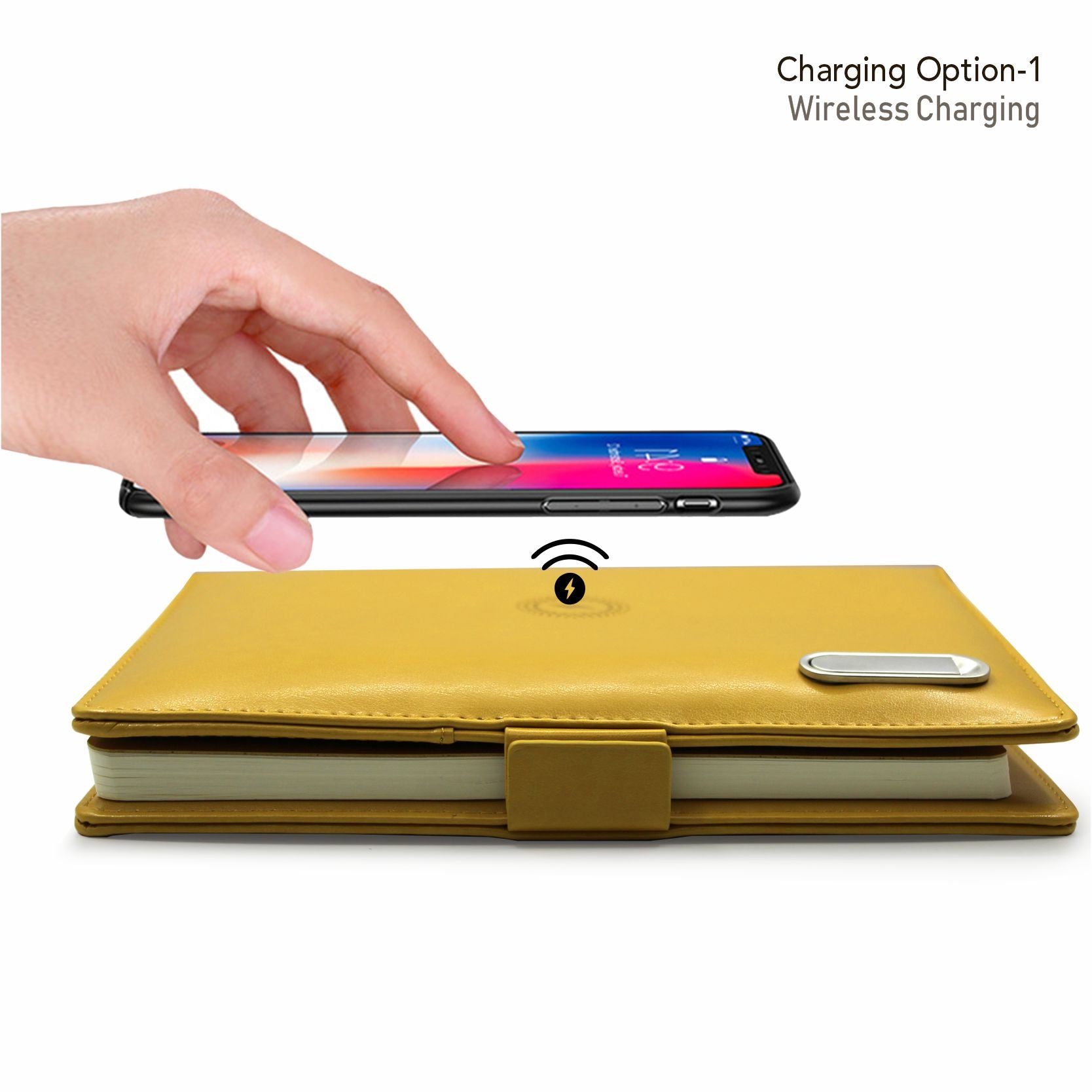 Next Gen - Smart Wireless Charging 8000 mAh Powerbank Notebook with 16 GB Pendrive - (Free Name Personalisation) - Mustard Yellow
