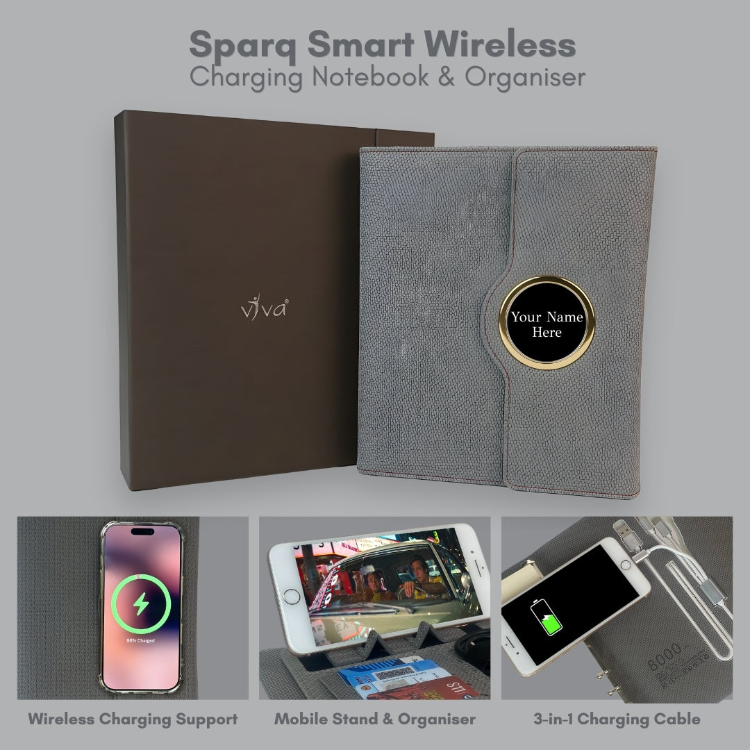 Sparq Smart Wireless Charging 8000 mAh Powerbank Notebook (Free Name Personalisation) - Grey