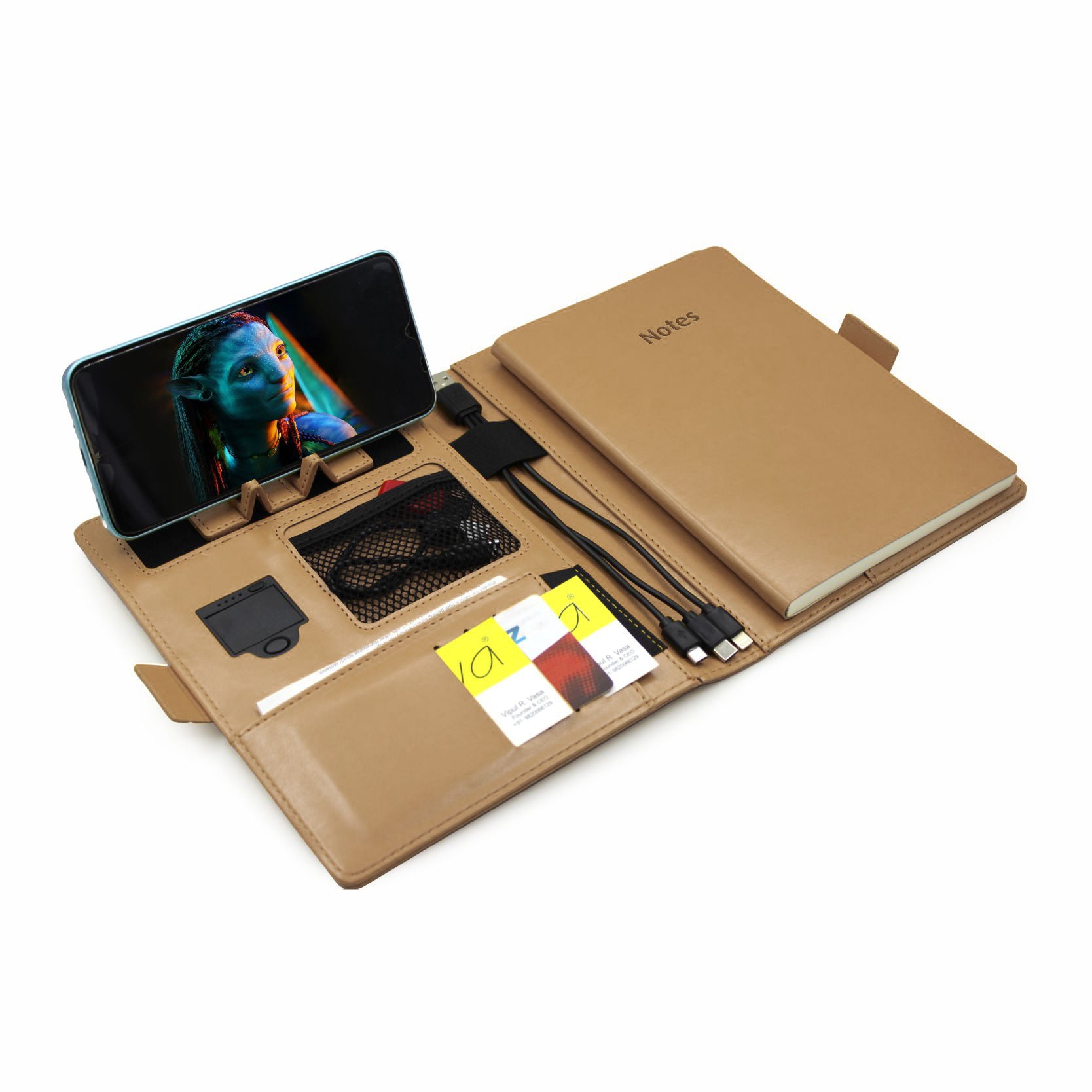 Next Gen - Smart Wireless Charging 8000 mAh Powerbank Notebook with 16 GB Pendrive - (Free Name Personalisation) - Tan