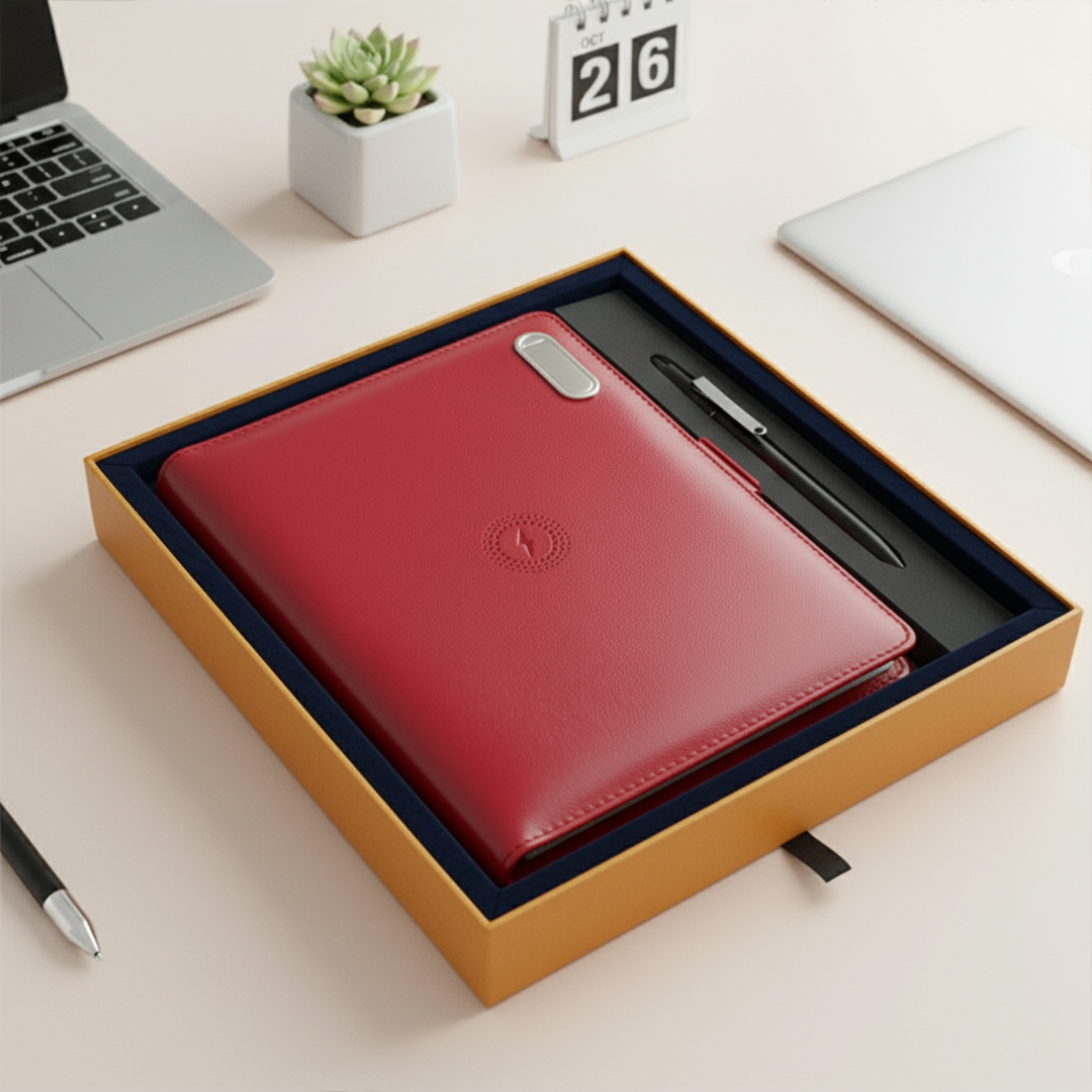 Next Gen - Smart Wireless Charging 8000 mAh Powerbank Notebook with 16 GB Pendrive - (Free Name Personalisation) - Red