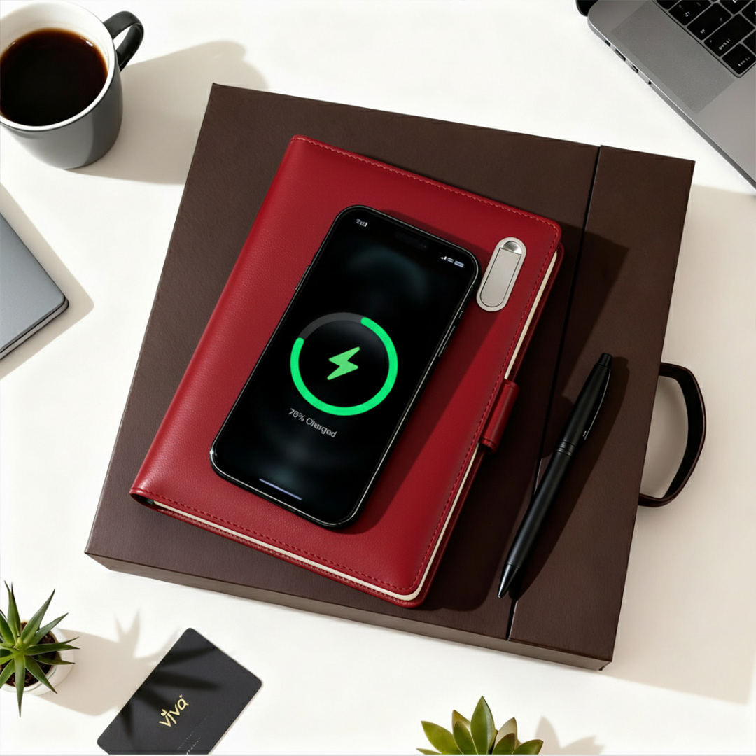 Next Gen - Smart Wireless Charging 8000 mAh Powerbank Notebook with 16 GB Pendrive - (Free Name Personalisation) - Red