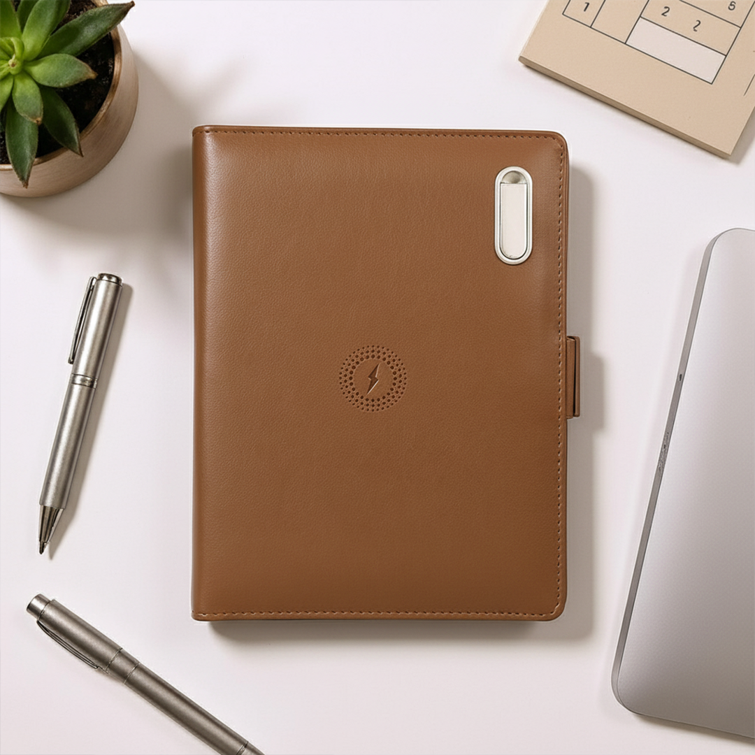 Next Gen - Smart Wireless Charging 8000 mAh Powerbank Notebook with 16 GB Pendrive - (Free Name Personalisation) - Tan