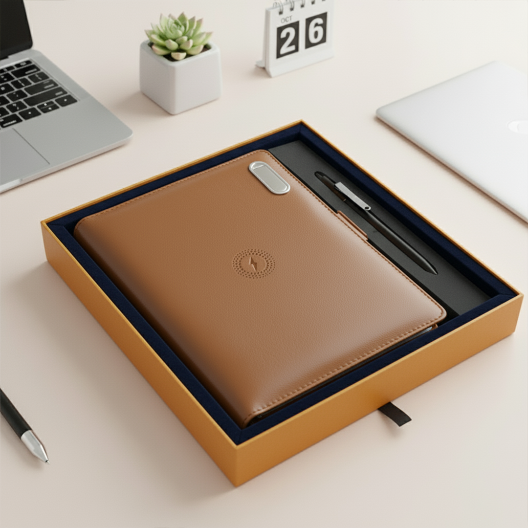 Next Gen - Smart Wireless Charging 8000 mAh Powerbank Notebook with 16 GB Pendrive - (Free Name Personalisation) - Tan