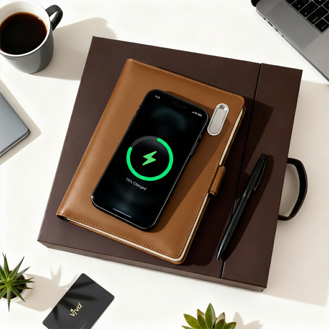 Next Gen - Smart Wireless Charging 8000 mAh Powerbank Notebook with 16 GB Pendrive - (Free Name Personalisation) - Tan