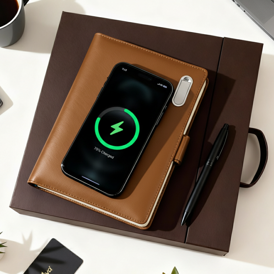 Next Gen - Smart Wireless Charging 8000 mAh Powerbank Notebook with 16 GB Pendrive - (Free Name Personalisation) - Tan