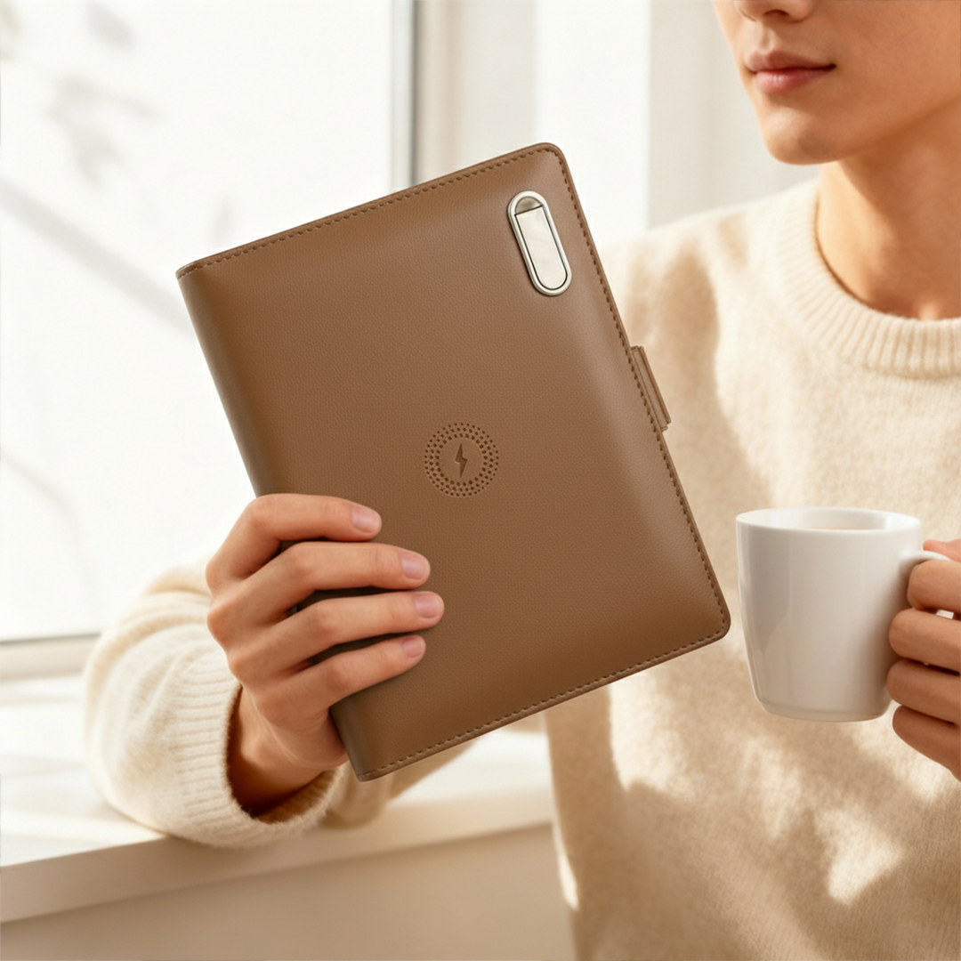 Next Gen - Smart Wireless Charging 8000 mAh Powerbank Notebook with 16 GB Pendrive - (Free Name Personalisation) - Tan