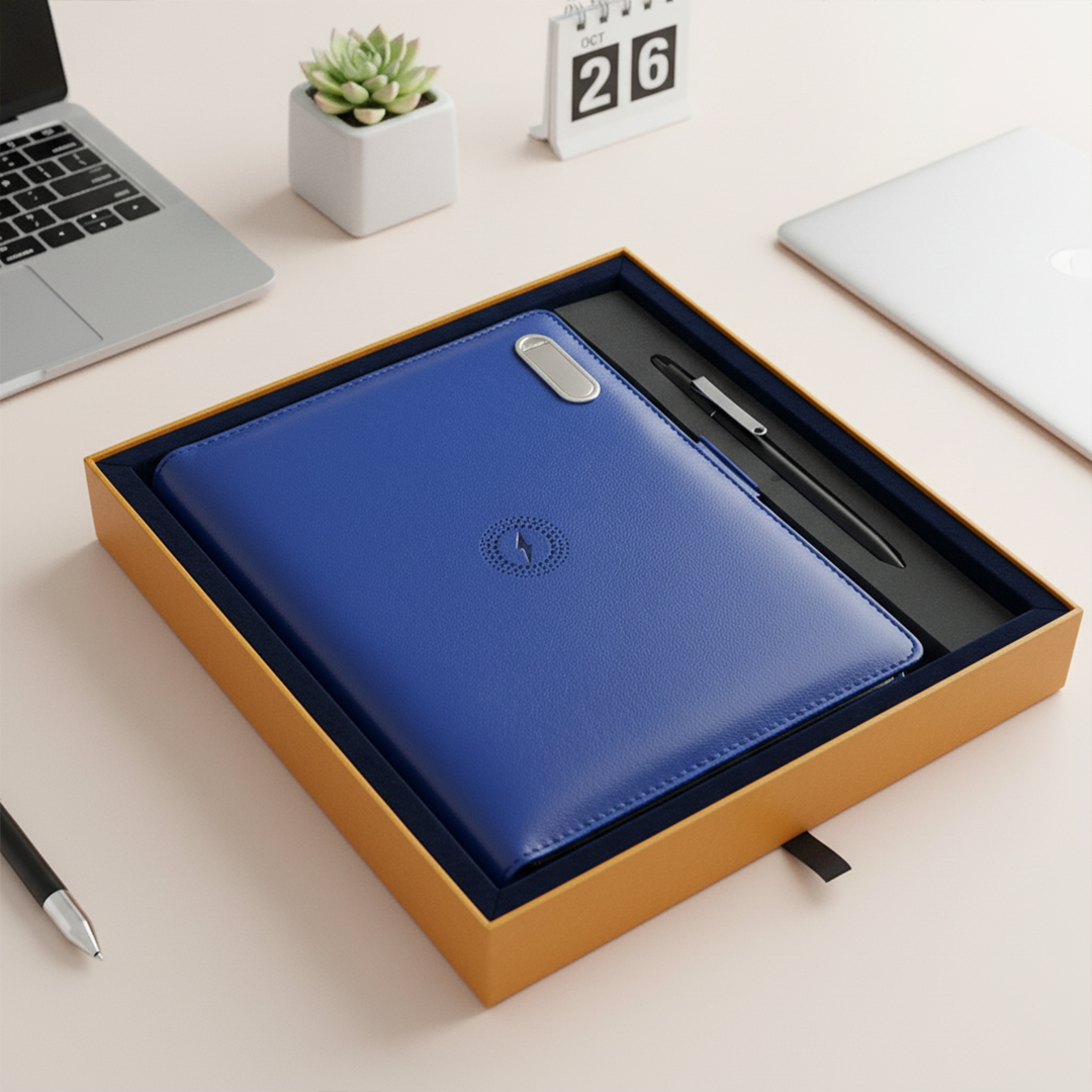 Next Gen - Smart Wireless Charging 8000 mAh Powerbank Notebook with 16 GB Pendrive - (Free Name Personalisation) - Blue