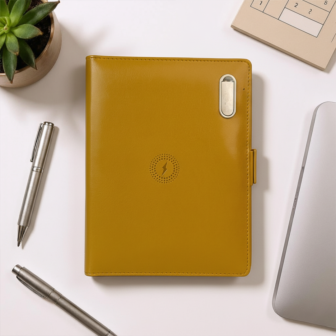 Next Gen - Smart Wireless Charging 8000 mAh Powerbank Notebook with 16 GB Pendrive - (Free Name Personalisation) - Mustard Yellow