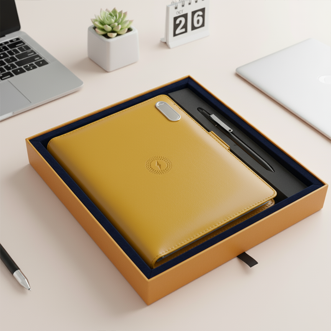 Next Gen - Smart Wireless Charging 8000 mAh Powerbank Notebook with 16 GB Pendrive - (Free Name Personalisation) - Mustard Yellow