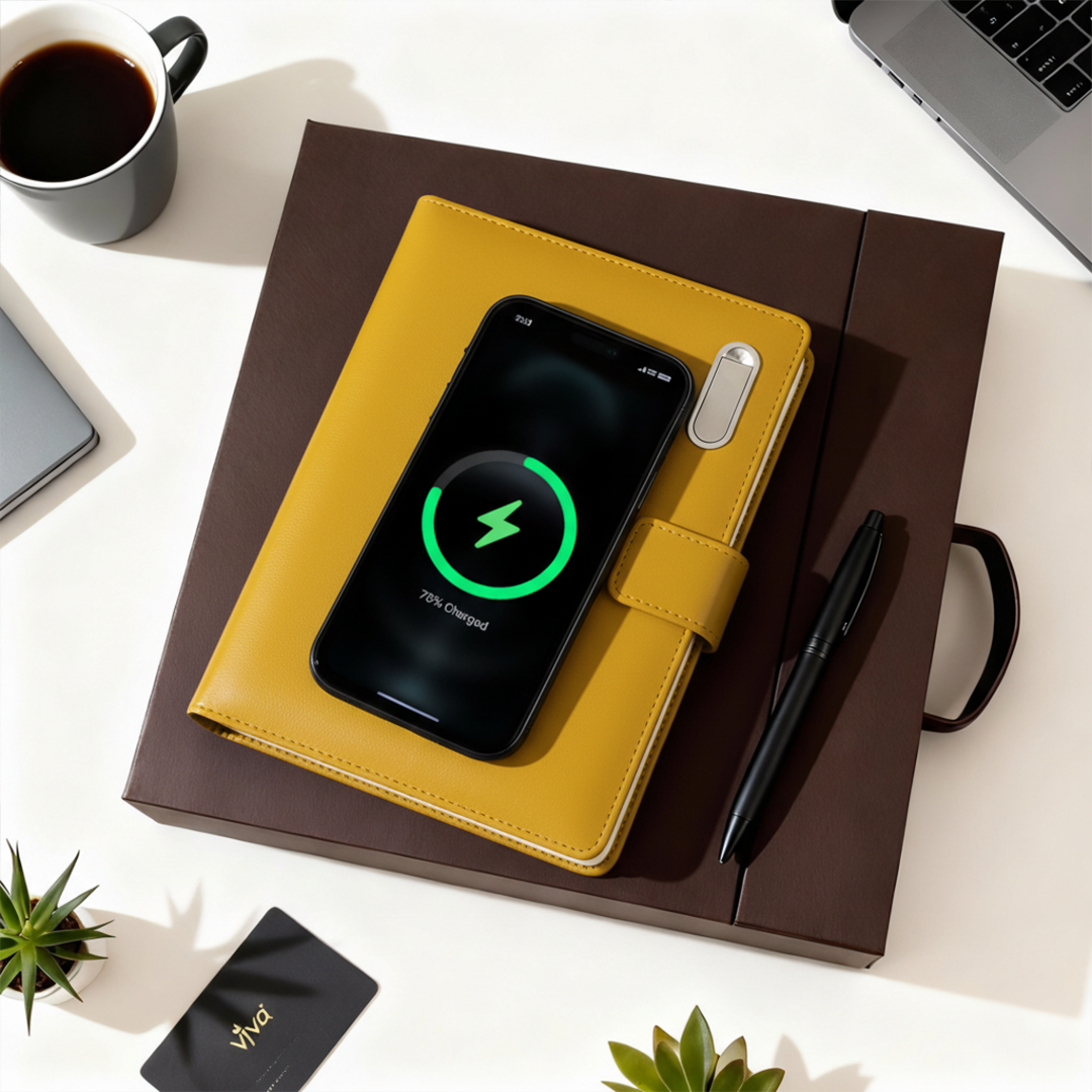 Next Gen - Smart Wireless Charging 8000 mAh Powerbank Notebook with 16 GB Pendrive - (Free Name Personalisation) - Mustard Yellow