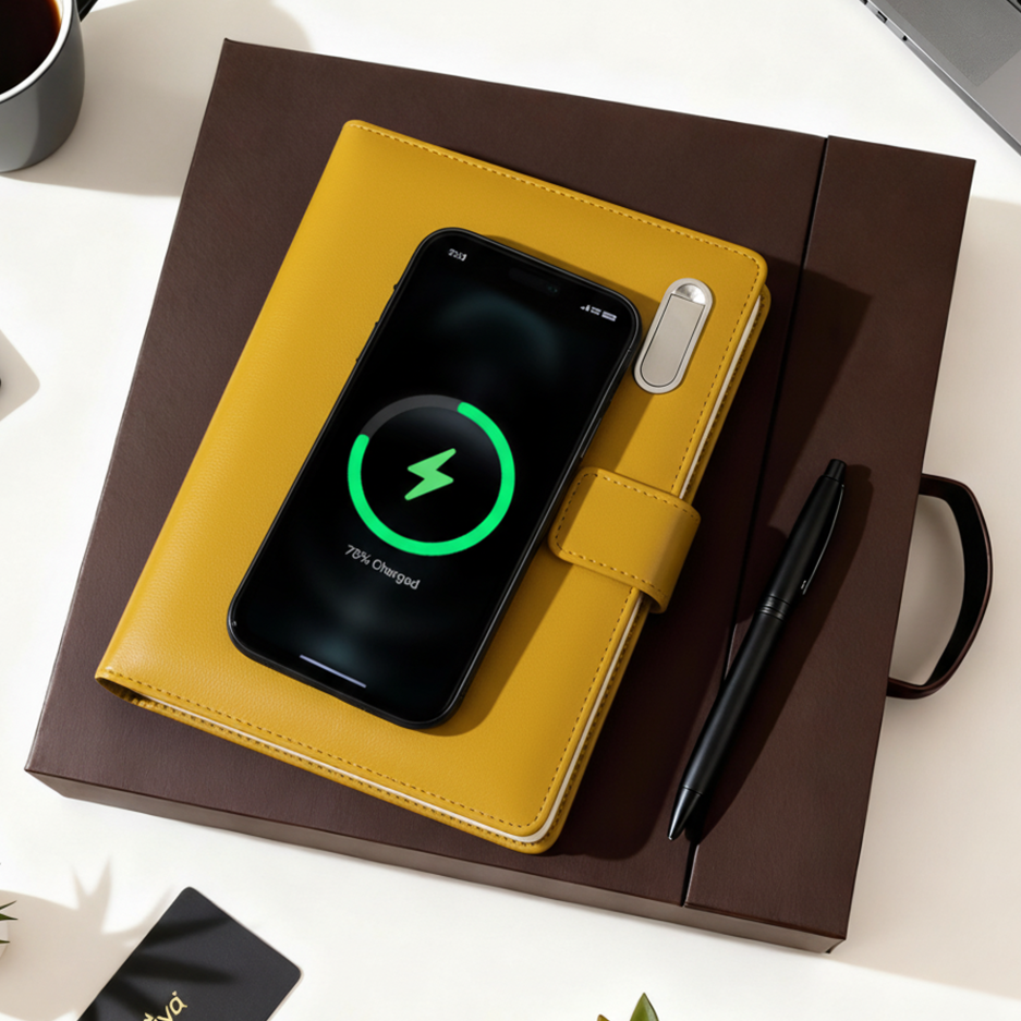 Next Gen - Smart Wireless Charging 8000 mAh Powerbank Notebook with 16 GB Pendrive - (Free Name Personalisation) - Mustard Yellow