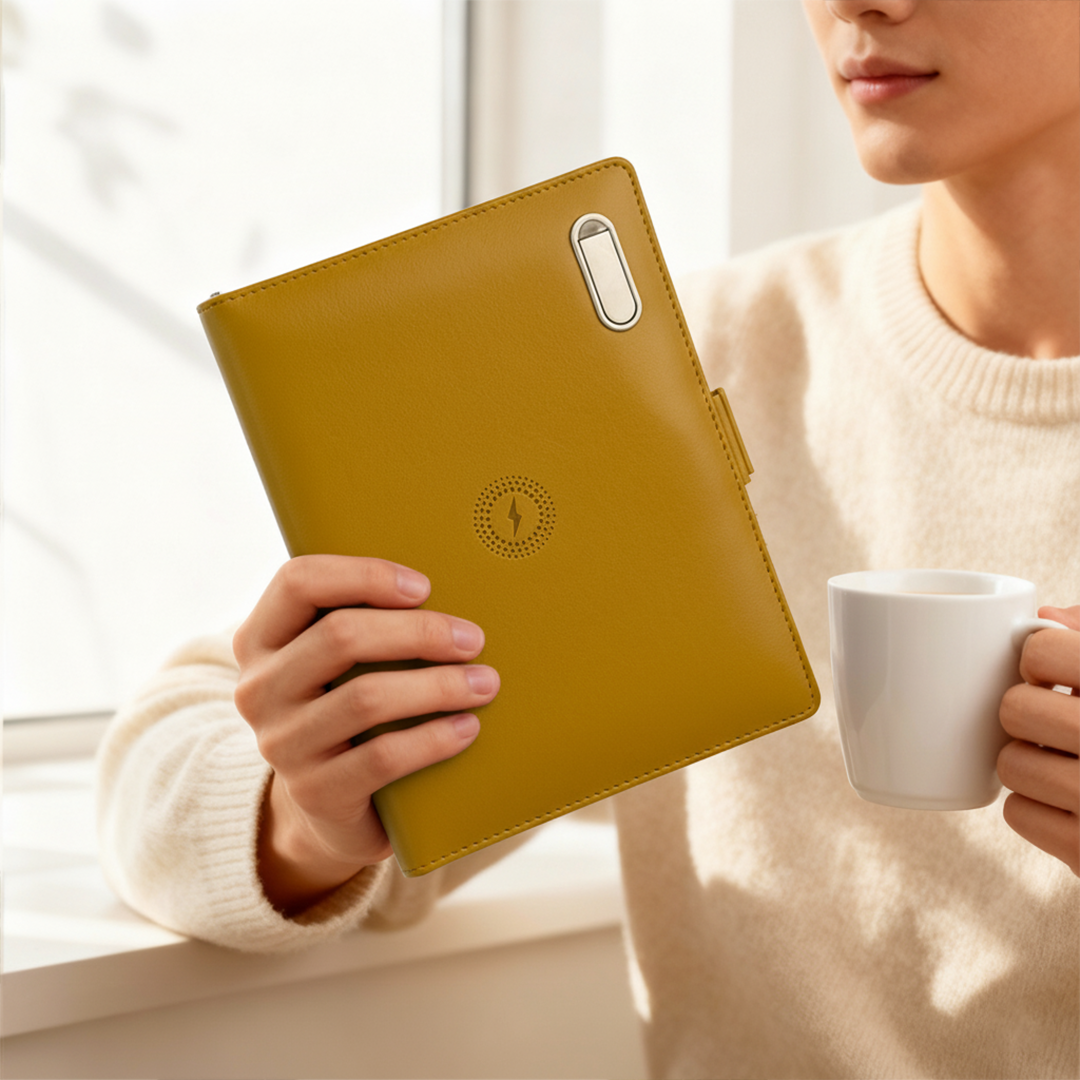 Next Gen - Smart Wireless Charging 8000 mAh Powerbank Notebook with 16 GB Pendrive - (Free Name Personalisation) - Mustard Yellow