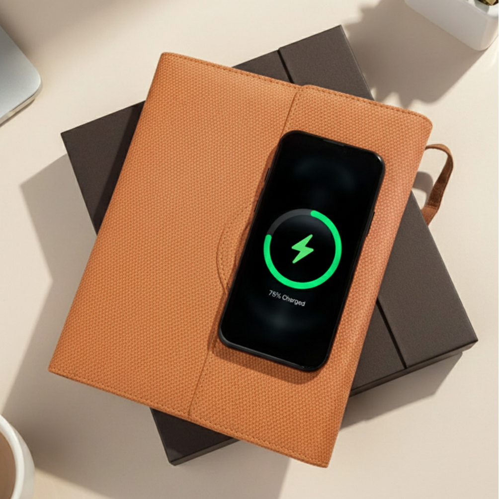 Sparq Smart Wireless Charging 8000 mAh Powerbank Notebook (Free Name Personalisation) - Tan
