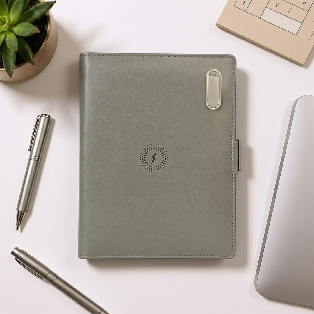 Next Gen - Smart Wireless Charging 8000 mAh Powerbank Notebook with 16 GB Pendrive - (Free Name Personalisation) - Grey