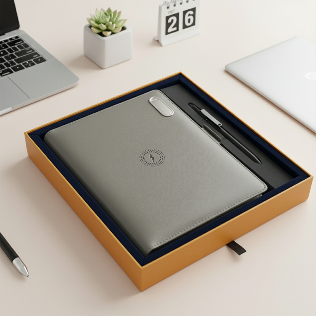 Next Gen - Smart Wireless Charging 8000 mAh Powerbank Notebook with 16 GB Pendrive - (Free Name Personalisation) - Grey
