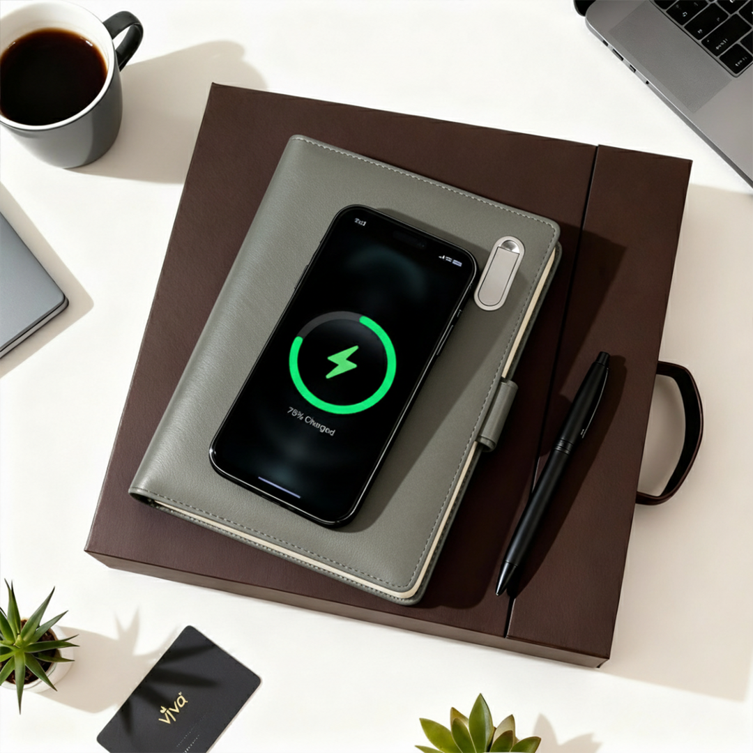 Next Gen - Smart Wireless Charging 8000 mAh Powerbank Notebook with 16 GB Pendrive - (Free Name Personalisation) - Grey