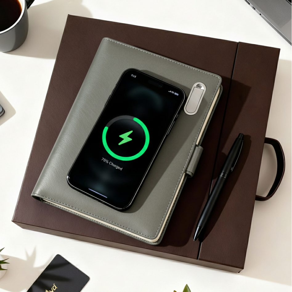 Next Gen - Smart Wireless Charging 8000 mAh Powerbank Notebook with 16 GB Pendrive - (Free Name Personalisation) - Grey