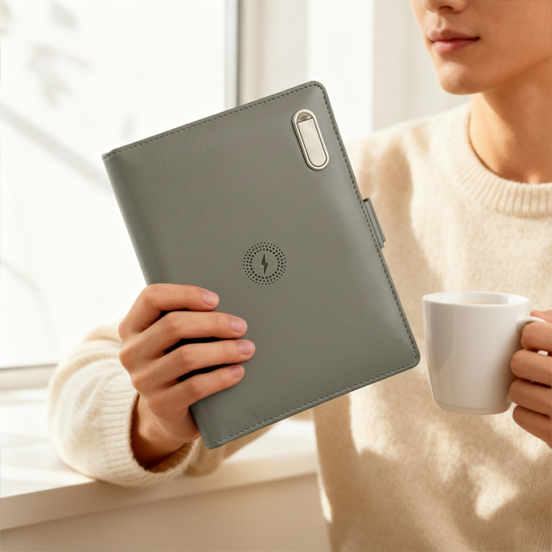 Next Gen - Smart Wireless Charging 8000 mAh Powerbank Notebook with 16 GB Pendrive - (Free Name Personalisation) - Grey