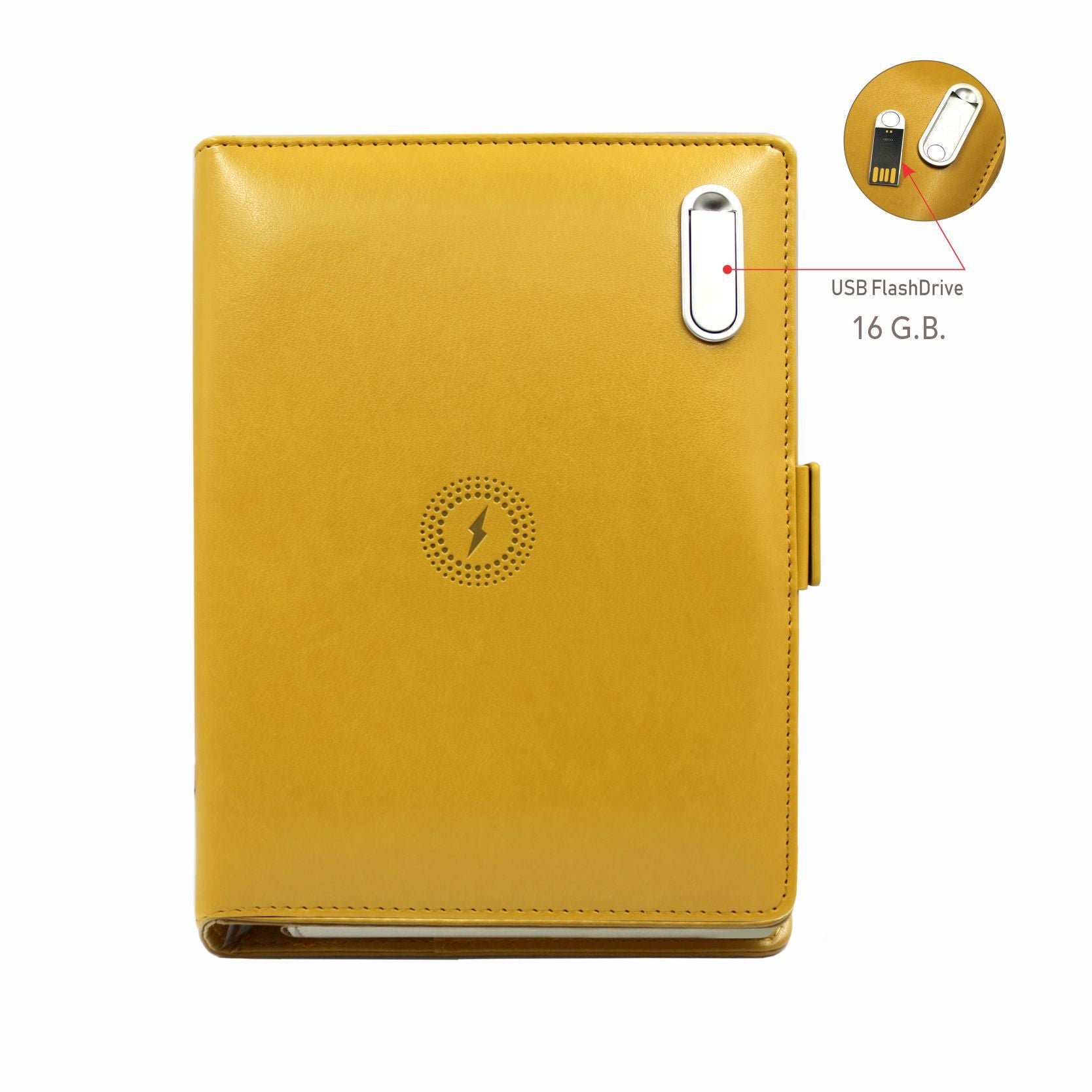 Next Gen - Smart Wireless Charging 8000 mAh Powerbank Notebook with 16 GB Pendrive - (Free Name Personalisation) - Mustard Yellow