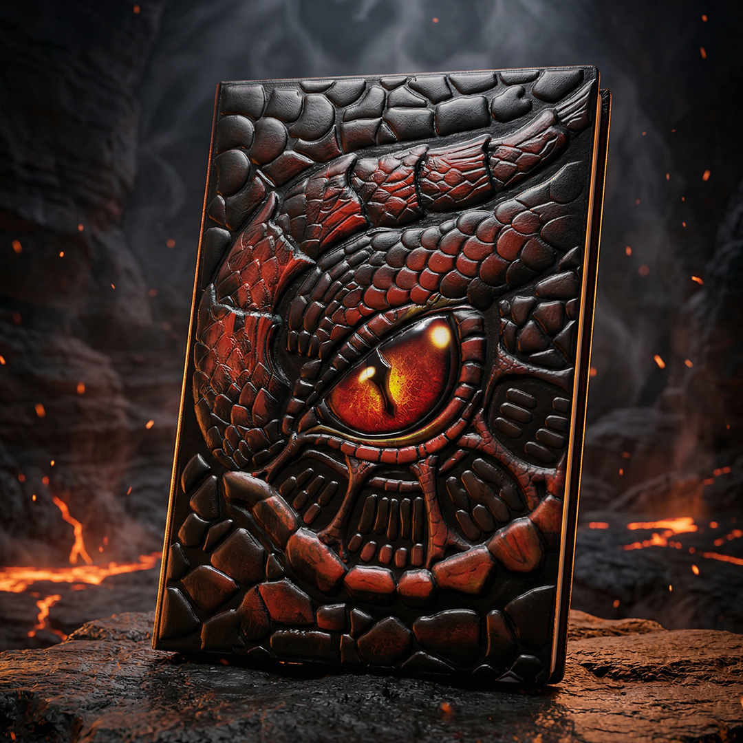 Abyssal Gaze – Fiery Turtle Eye Red 3D Embossed Vintage Leather Journal Notebook with Golden Diamond Ball Pen (Limited Edition)