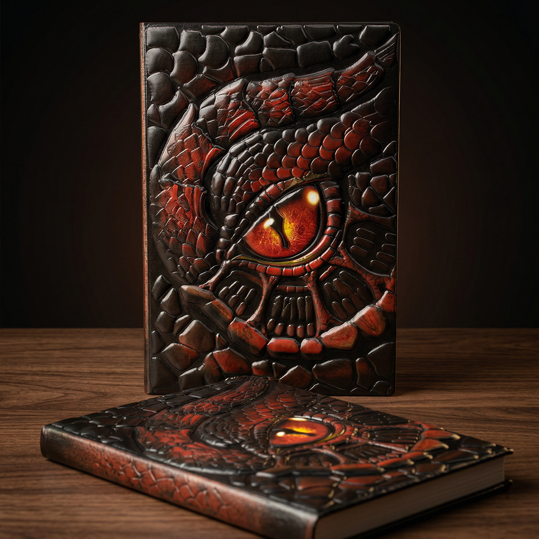 Abyssal Gaze – Fiery Turtle Eye Red 3D Embossed Vintage Leather Journal Notebook with Golden Diamond Ball Pen (Limited Edition)