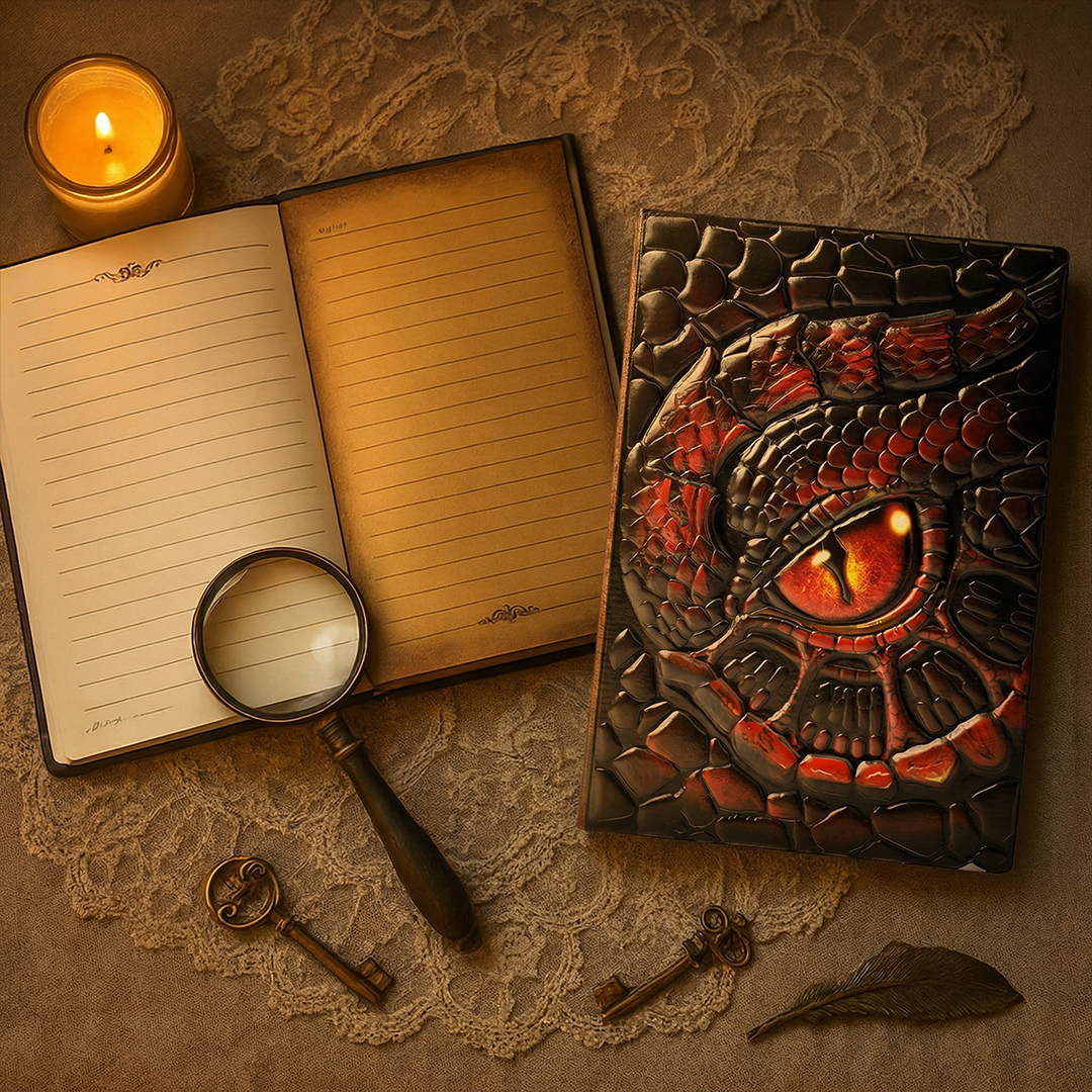 Abyssal Gaze – Fiery Turtle Eye Red 3D Embossed Vintage Leather Journal Notebook with Golden Diamond Ball Pen (Limited Edition)