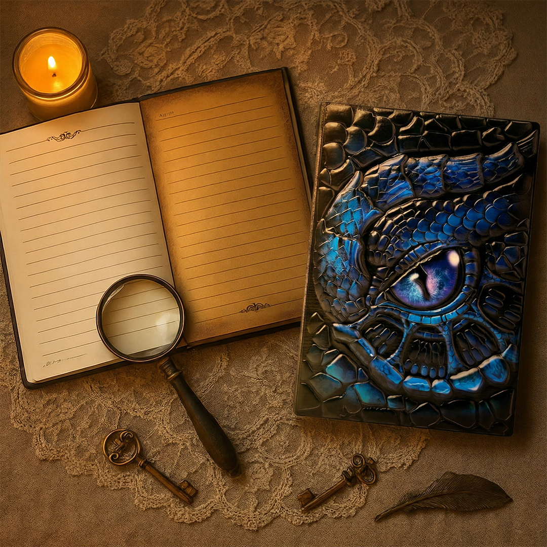 Abyssal Gaze – Icy Turtle Eye Blue 3D Embossed Vintage Leather Journal Notebook with Golden Diamond Ball Pen (Limited Edition)