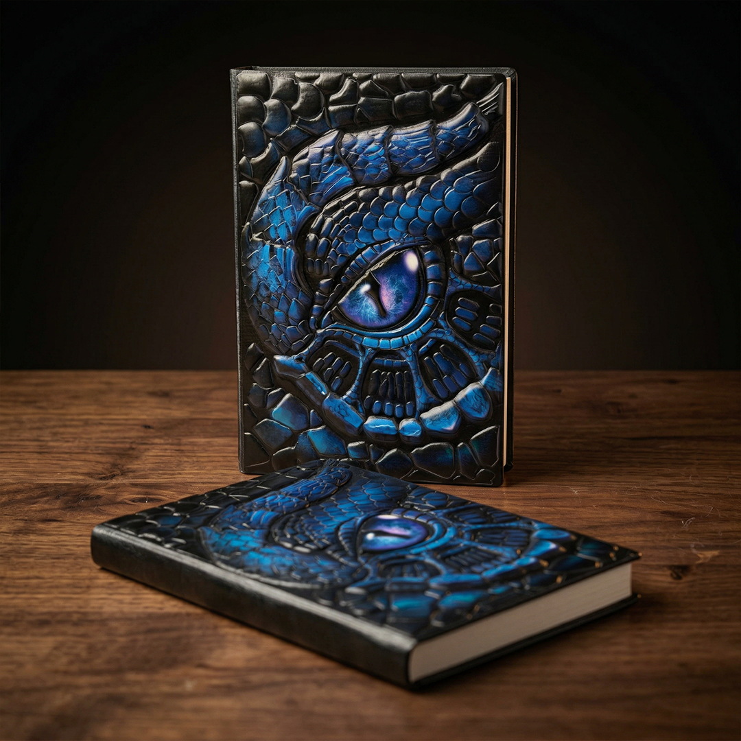 Abyssal Gaze – Icy Turtle Eye Blue 3D Embossed Vintage Leather Journal Notebook with Golden Diamond Ball Pen (Limited Edition)