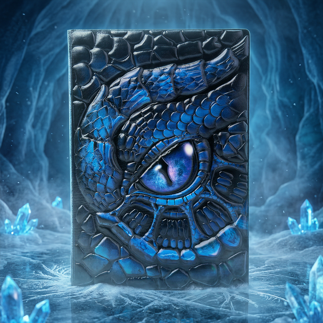 Abyssal Gaze – Icy Turtle Eye Blue 3D Embossed Vintage Leather Journal Notebook with Golden Diamond Ball Pen (Limited Edition)