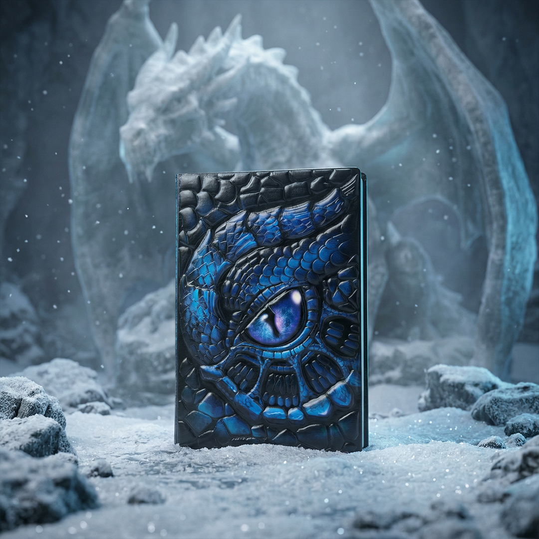 Abyssal Gaze – Icy Turtle Eye Blue 3D Embossed Vintage Leather Journal Notebook with Golden Diamond Ball Pen (Limited Edition)