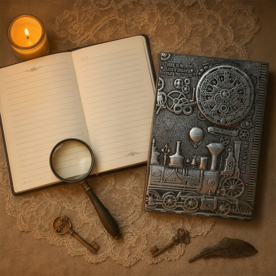 ChronoSoul – Time Machine Silver 3D Embossed Vintage Leather Journal Notebook with Golden Diamond Ball Pen (Limited Edition)