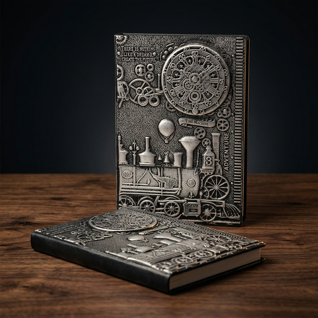 ChronoSoul – Time Machine Silver 3D Embossed Vintage Leather Journal Notebook with Golden Diamond Ball Pen (Limited Edition)