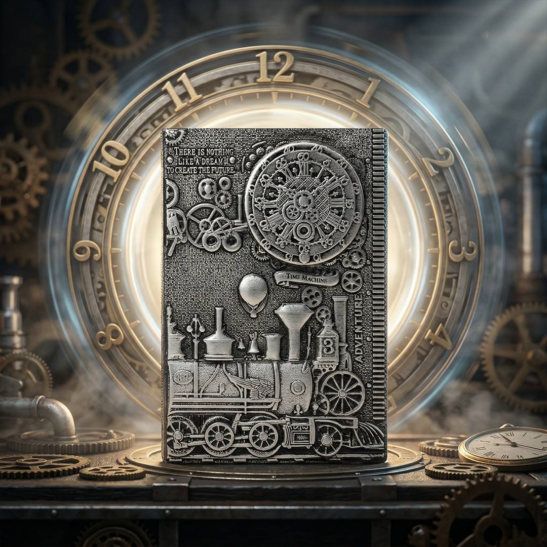 ChronoSoul – Time Machine Silver 3D Embossed Vintage Leather Journal Notebook with Golden Diamond Ball Pen (Limited Edition)