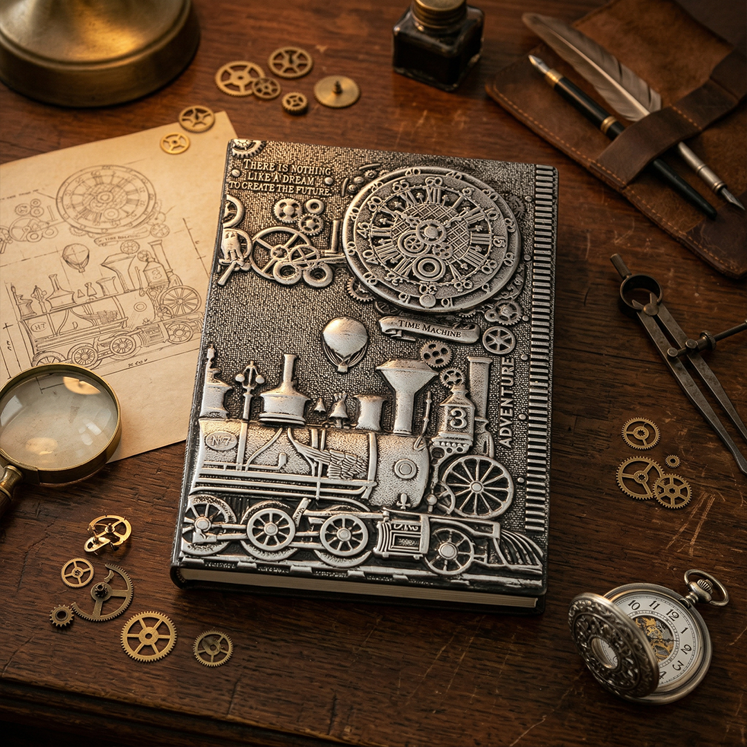 ChronoSoul – Time Machine Silver 3D Embossed Vintage Leather Journal Notebook with Golden Diamond Ball Pen (Limited Edition)