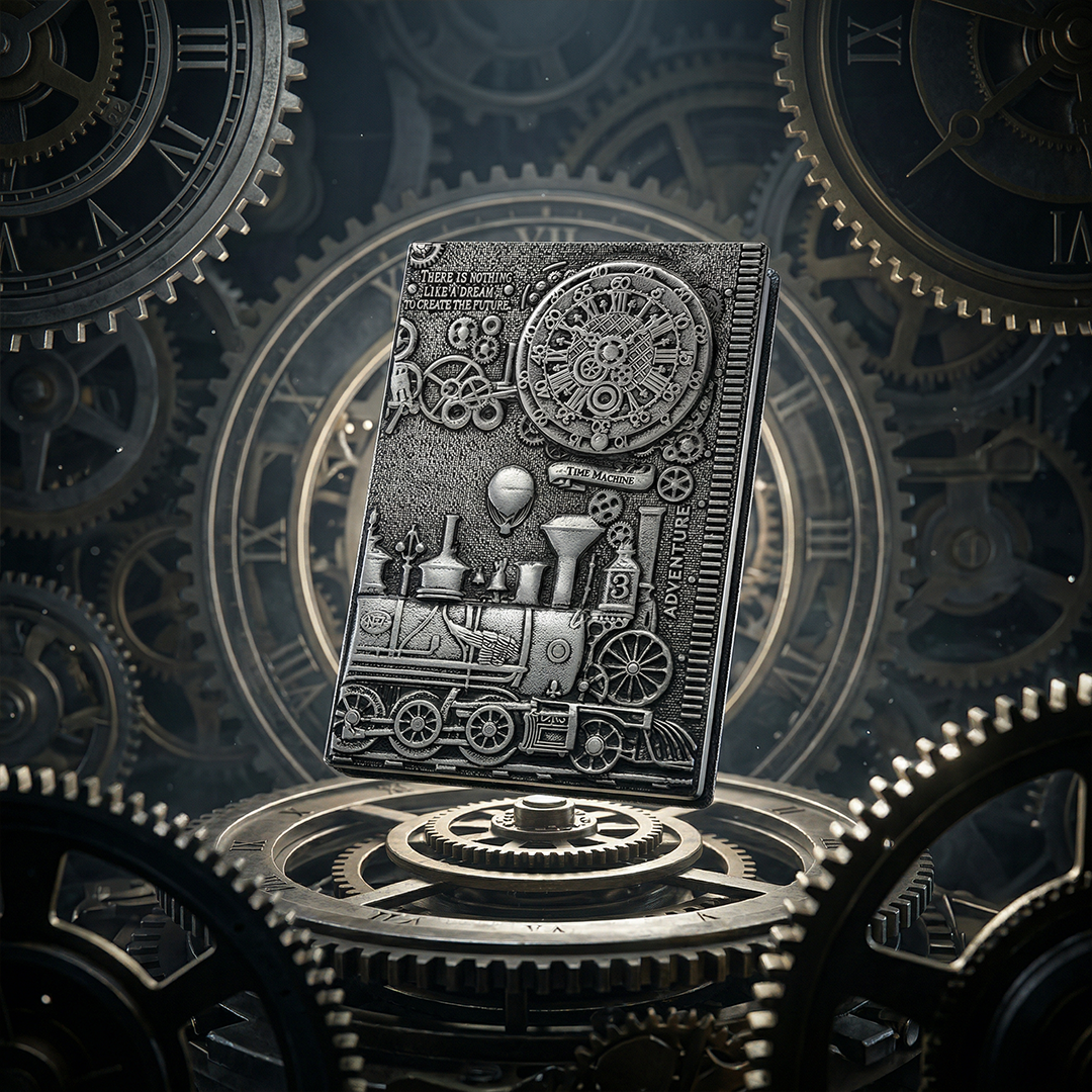 ChronoSoul – Time Machine Silver 3D Embossed Vintage Leather Journal Notebook with Golden Diamond Ball Pen (Limited Edition)