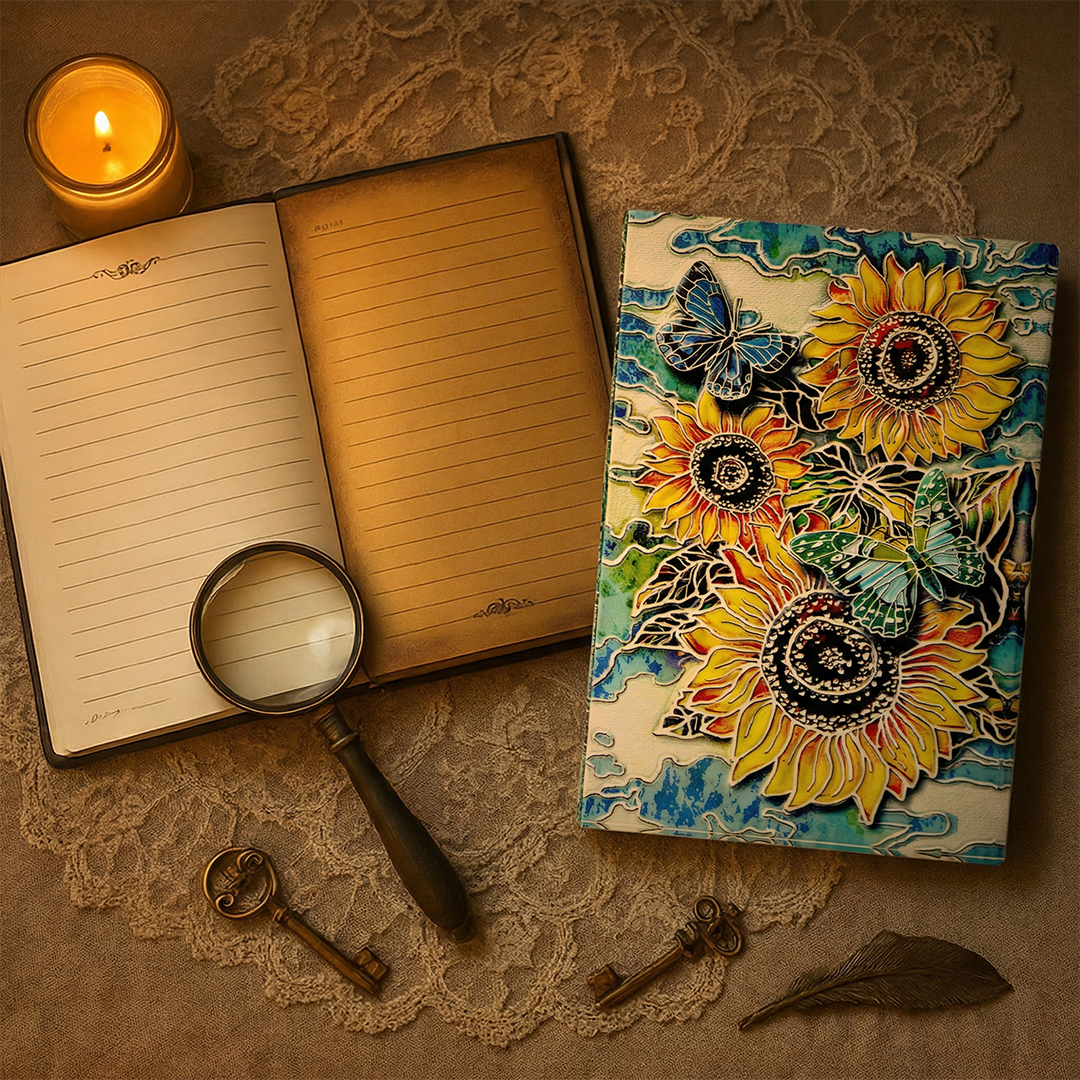 Radiant Bloom – Colorful Sunflower & Butterfly 3D Embossed Vintage Leather Journal Notebook with Golden Diamond Ball Pen (Limited Edition)
