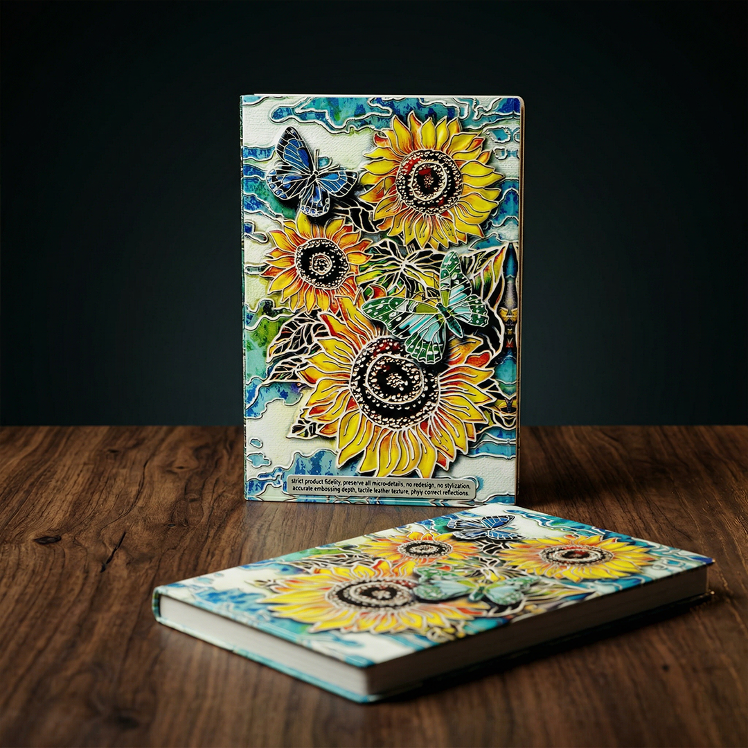 Radiant Bloom – Colorful Sunflower & Butterfly 3D Embossed Vintage Leather Journal Notebook with Golden Diamond Ball Pen (Limited Edition)