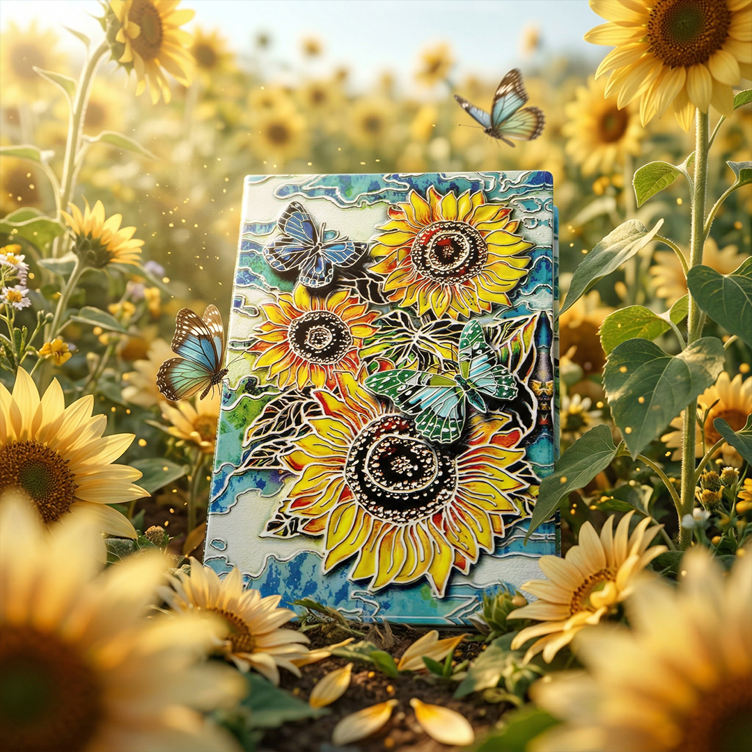 Radiant Bloom – Colorful Sunflower & Butterfly 3D Embossed Vintage Leather Journal Notebook with Golden Diamond Ball Pen (Limited Edition)