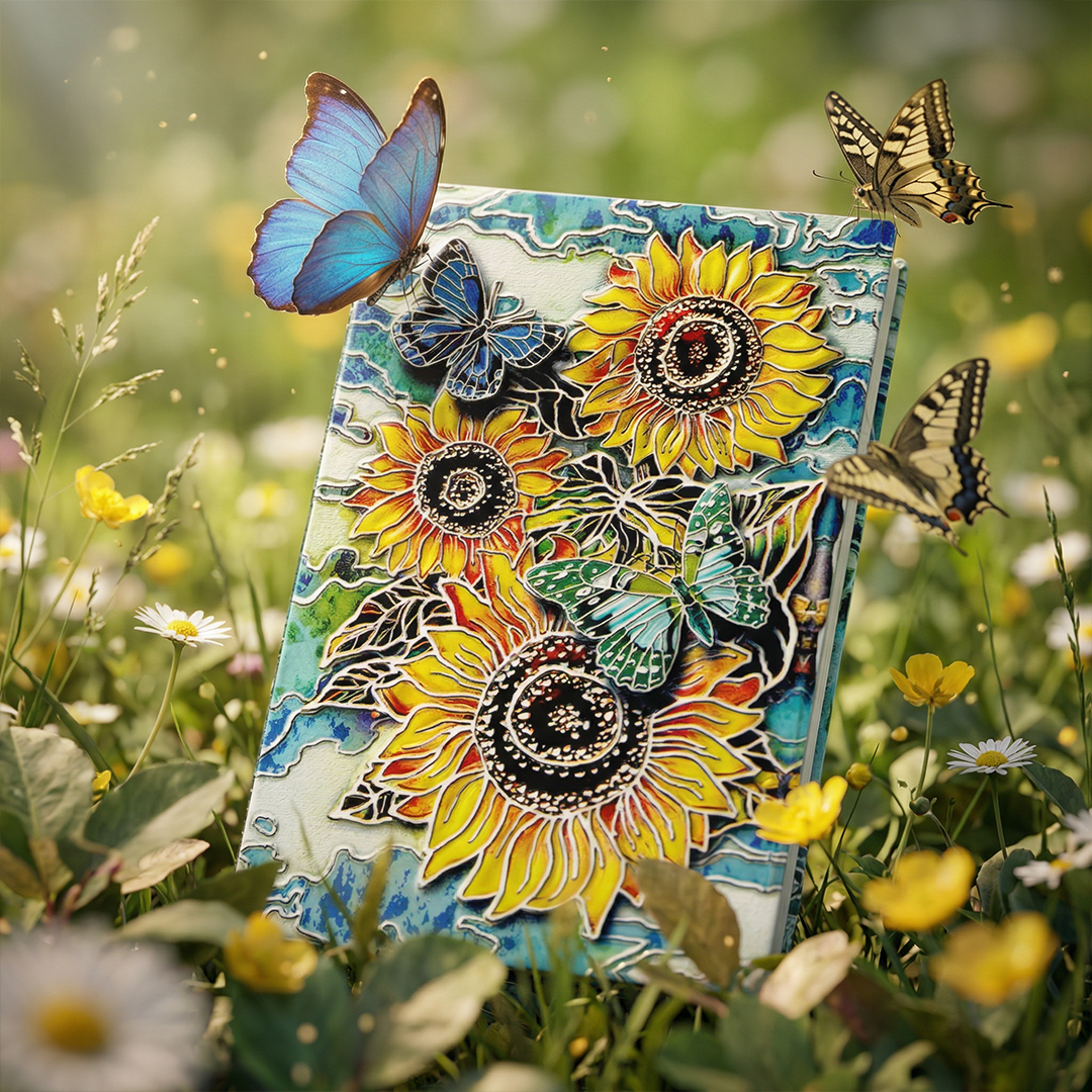 Radiant Bloom – Colorful Sunflower & Butterfly 3D Embossed Vintage Leather Journal Notebook with Golden Diamond Ball Pen (Limited Edition)